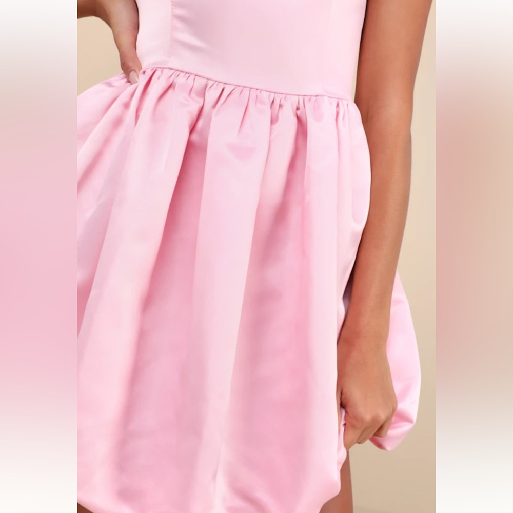 Lulu’s Regal Cutie Light Pink Satin Square Neck Bubble-Hem Mini Dress Sz:L - Picture 4 of 12